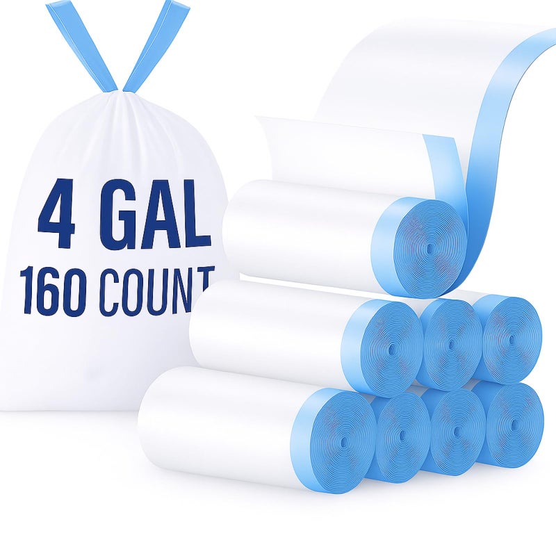 CCGeass 4 Gallon Small Trash Bags, Drawstring 4 Gallon Garbage Bags, Tear-Free Separated Unscented White Small Trash Bags Plastic Wastebasket Liners for Bathroom Toilet Home Office and Bedroom, 160 Count - Image 1